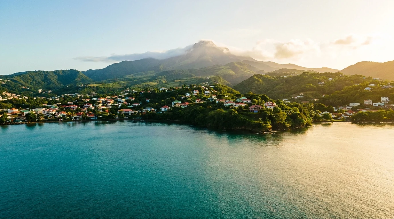 Vue panoramique aérienne de la baie de Fort-de-France au lever du soleil — illustration d'un projet d'investissement immobilier en Martinique depuis la métropol