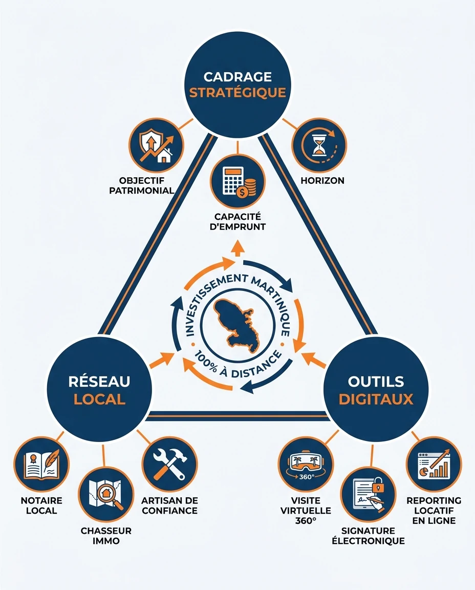 Infographie illustrant : Schéma en triangle des trois piliers d'un projet immobilier 100 % à distance en Martinique. Sommet : Cadrage stratégique. Article Mouve
