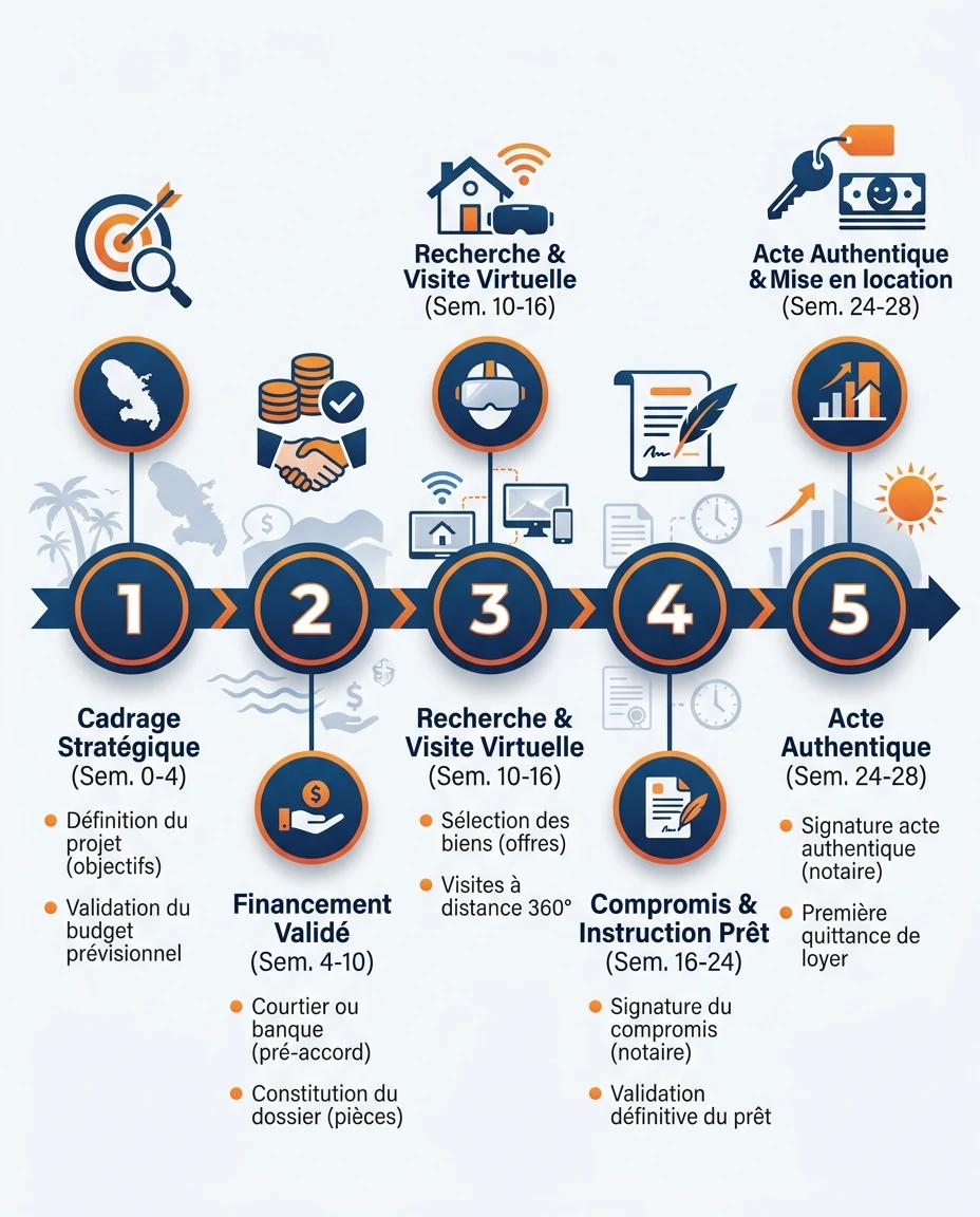 Infographie illustrant : Chronologie horizontale en cinq jalons d'un projet martiniquais 100 % à distance, du cadrage à la première quittance de . Article Mouve