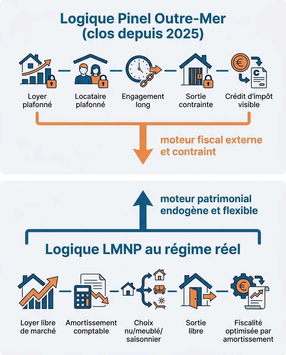 Infographie illustrant : Schéma pédagogique en français comparant deux logiques d'investissement DOM-TOM, sans aucun chiffre précis. Deux blocs h. Article Mouve