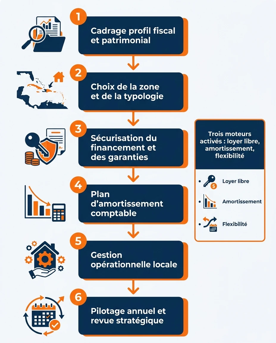 Infographie illustrant : Schéma vertical pédagogique en français représentant le parcours d'un LMNP DOM-TOM en 6 étapes successives, sans aucun c. Article Mouve