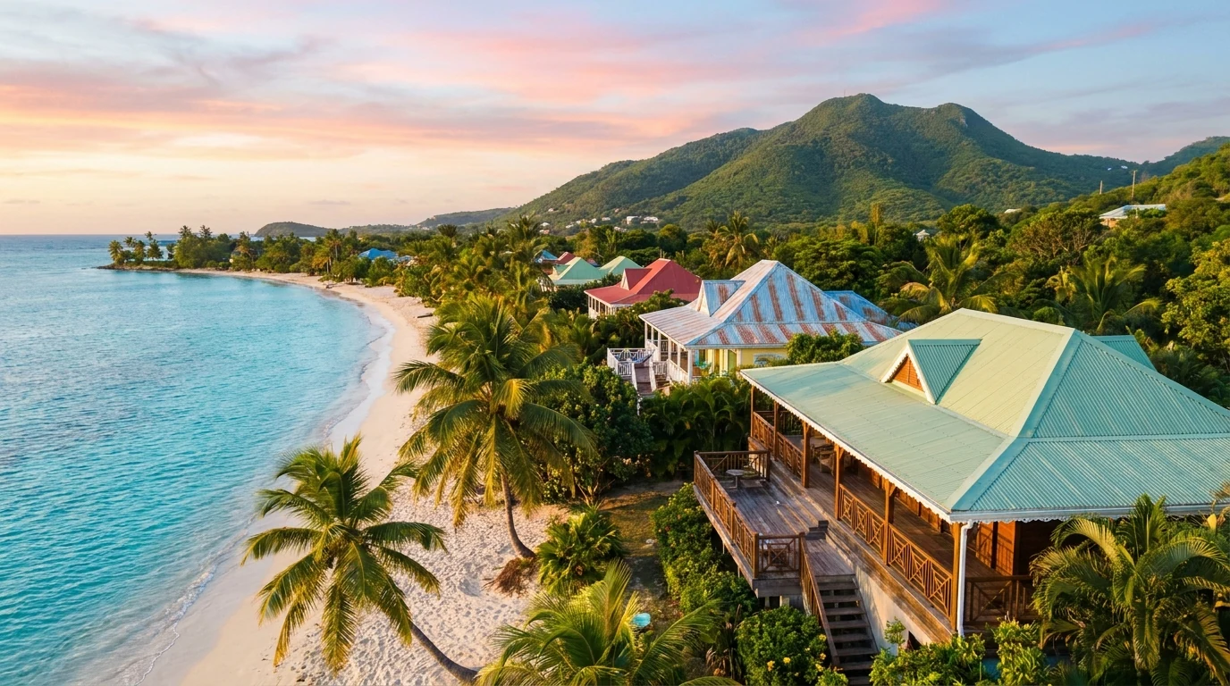 Vue aérienne d'un littoral antillais au lever du soleil avec villas créoles et lagon turquoise — illustration de la location saisonnière haut de gamme entre Gua