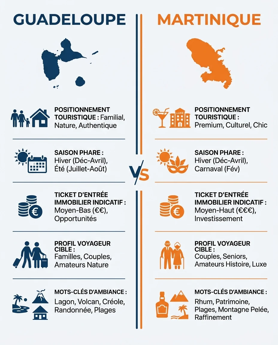 Infographie illustrant : Double colonne éditoriale Guadeloupe vs Martinique : les deux ADN Airbnb antillais. Colonne de gauche en bleu marine tit. Article Mouve