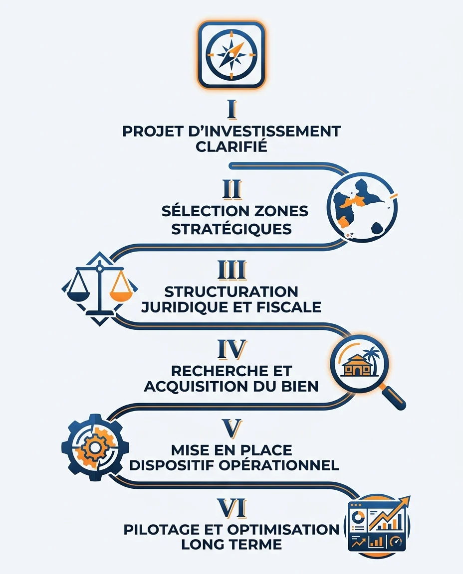 Infographie illustrant : Schéma vertical éditorial type tunnel de structuration d'un projet Airbnb antillais en 6 étapes successives, du sommet (. Article Mouve