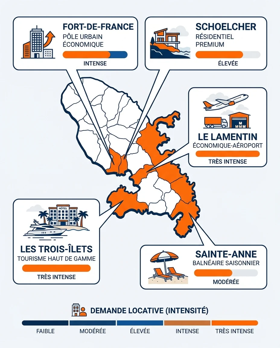 Infographie illustrant : Carte schématique stylisée de la Martinique présentant cinq micro-zones d'investissement (Fort-de-France, Schoelcher, Le. Article Mouve