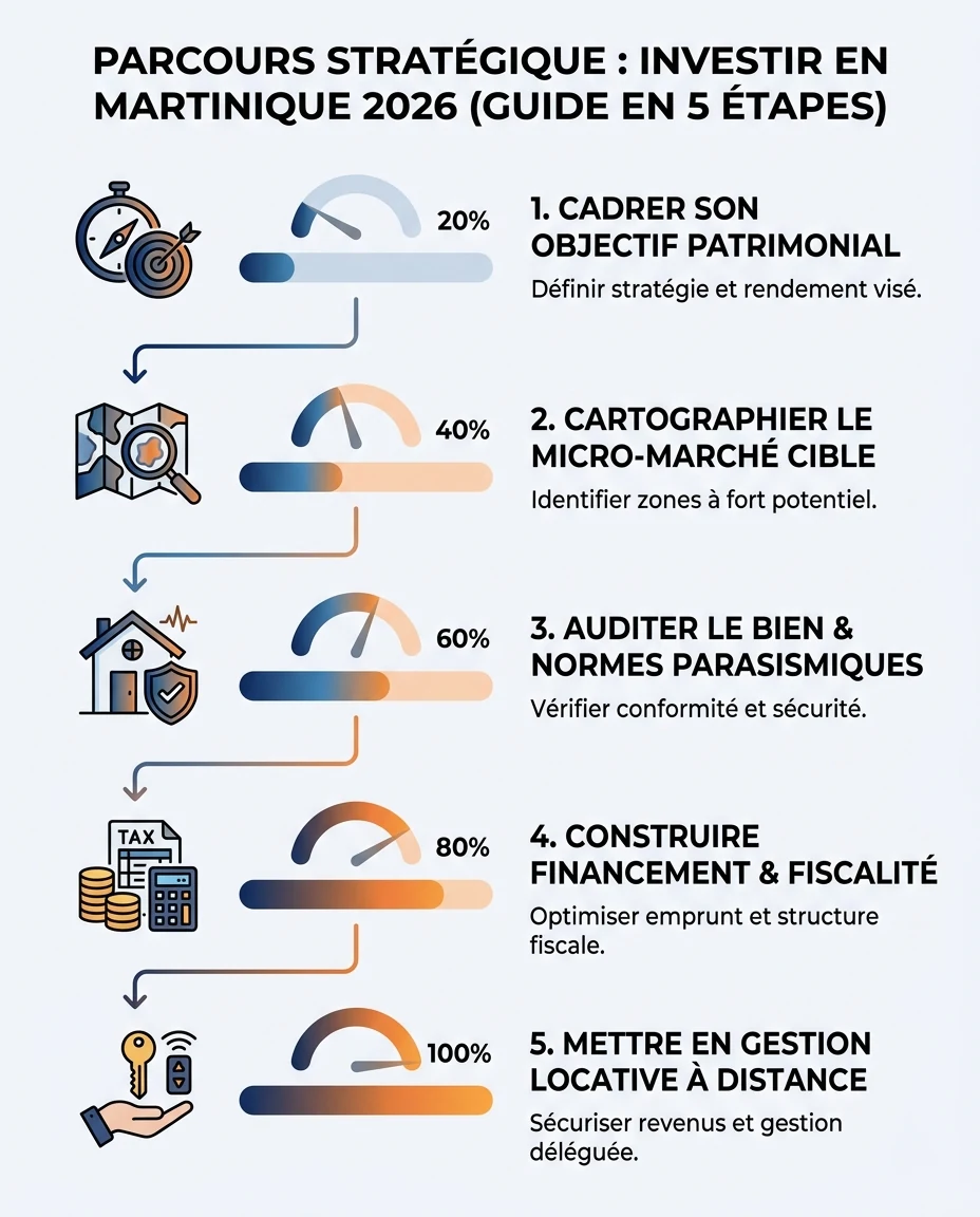 Infographie illustrant : Visuel pédagogique présentant le parcours en cinq étapes d'un investissement immobilier réussi en Martinique : cadrer so. Article Mouve