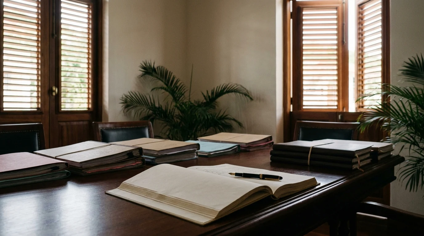 Bureau notarial élégant en Martinique avec dossiers et acte papier — illustration de l'importance du choix du notaire pour un investissement immobilier antillai