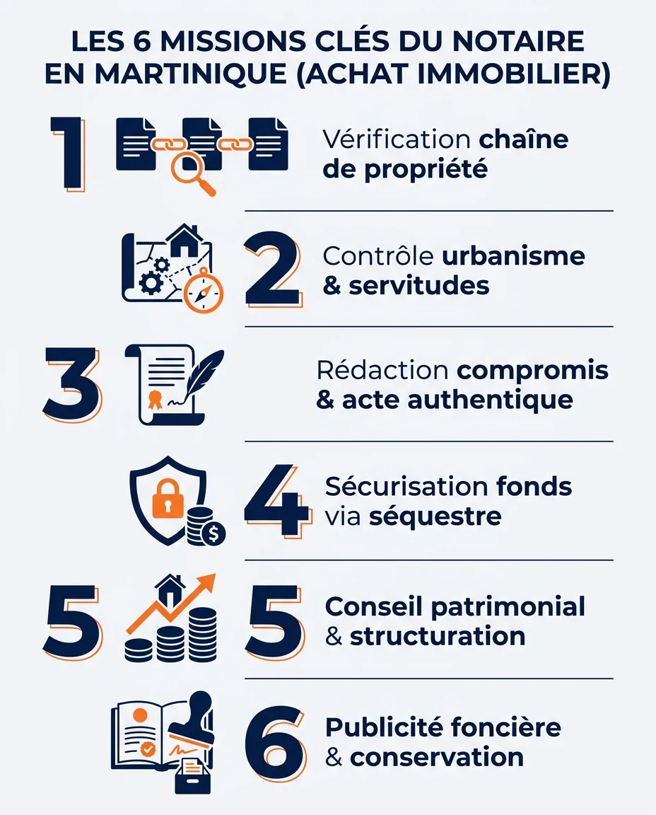 Infographie illustrant : Visuel pédagogique présentant les 6 missions clés du notaire en Martinique pour un achat immobilier : 1) Vérification de. Article Mouve