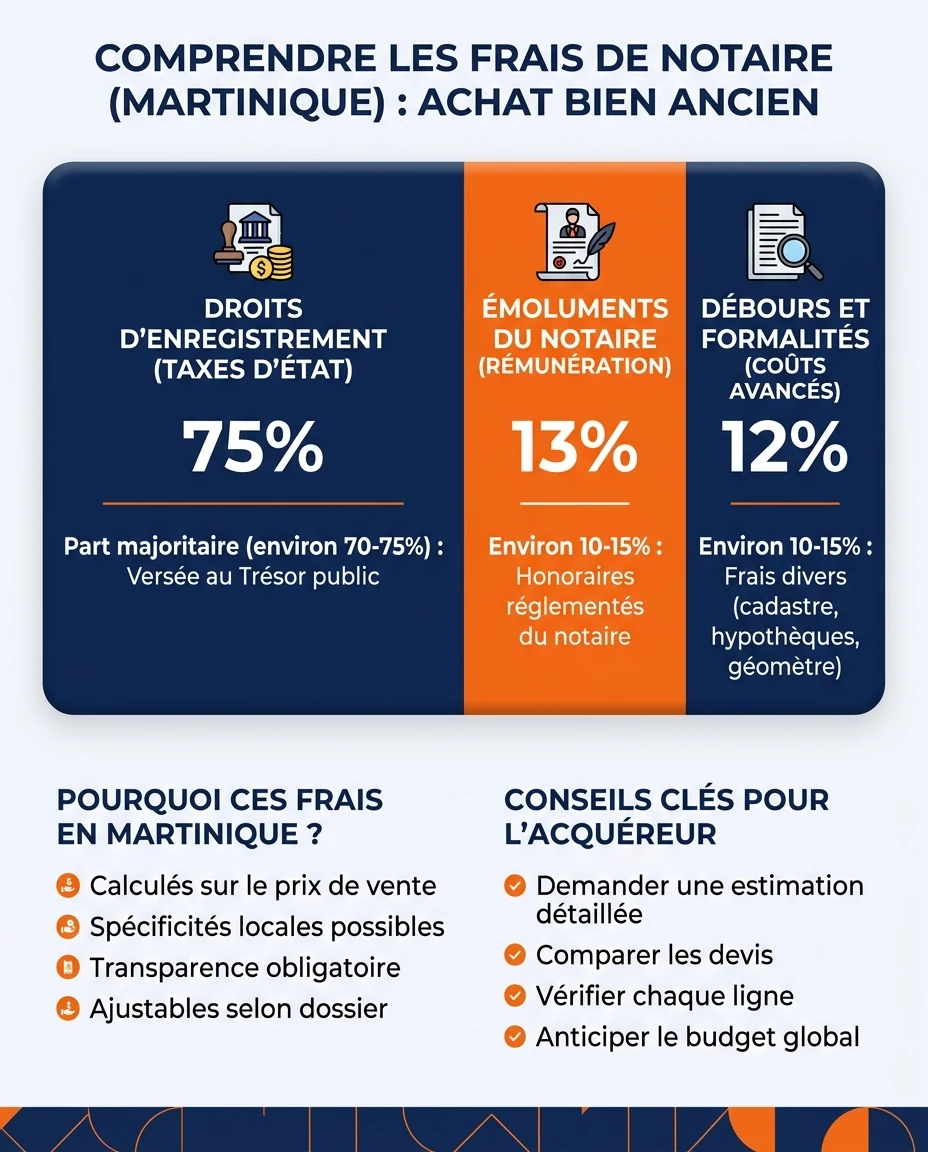 Infographie illustrant : Schéma visuel décomposant les frais de notaire en Martinique sur l'achat d'un bien ancien : une grande barre horizontale. Article Mouve