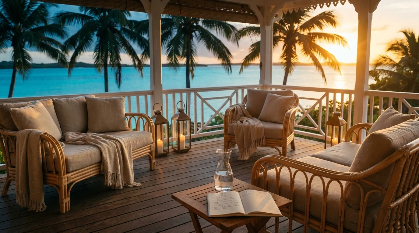 Terrasse de villa créole antillaise au coucher du soleil avec vue sur le lagon — illustration de la location saisonnière haut de gamme multi-plateformes en Mart