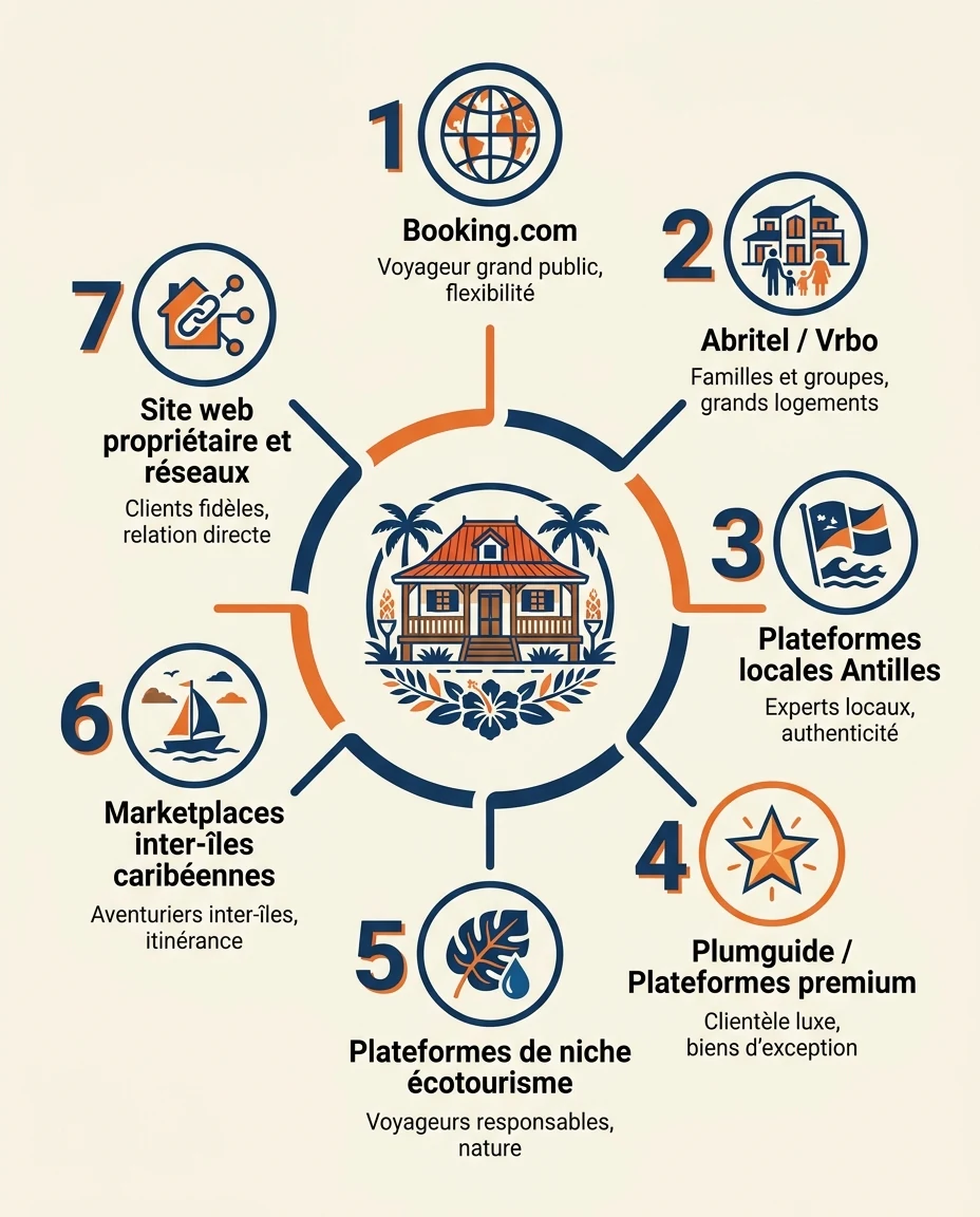 Infographie illustrant : Cartographie radiale ou en éventail des 7 grandes familles de plateformes de location concurrentes à Airbnb aux Antilles. Article Mouve