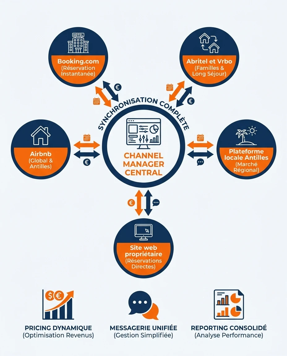 Infographie illustrant : Schéma type architecture hub-and-spoke représentant un channel manager au centre (icône de tableau de bord stylisé) qui . Article Mouve
