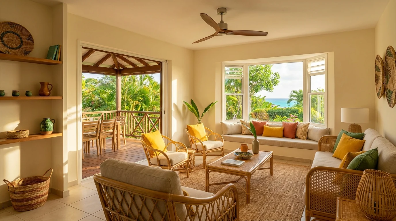 Intérieur d'un premier Airbnb créole en Martinique fraîchement aménagé — illustration du lancement d'un meublé de tourisme aux Antilles.