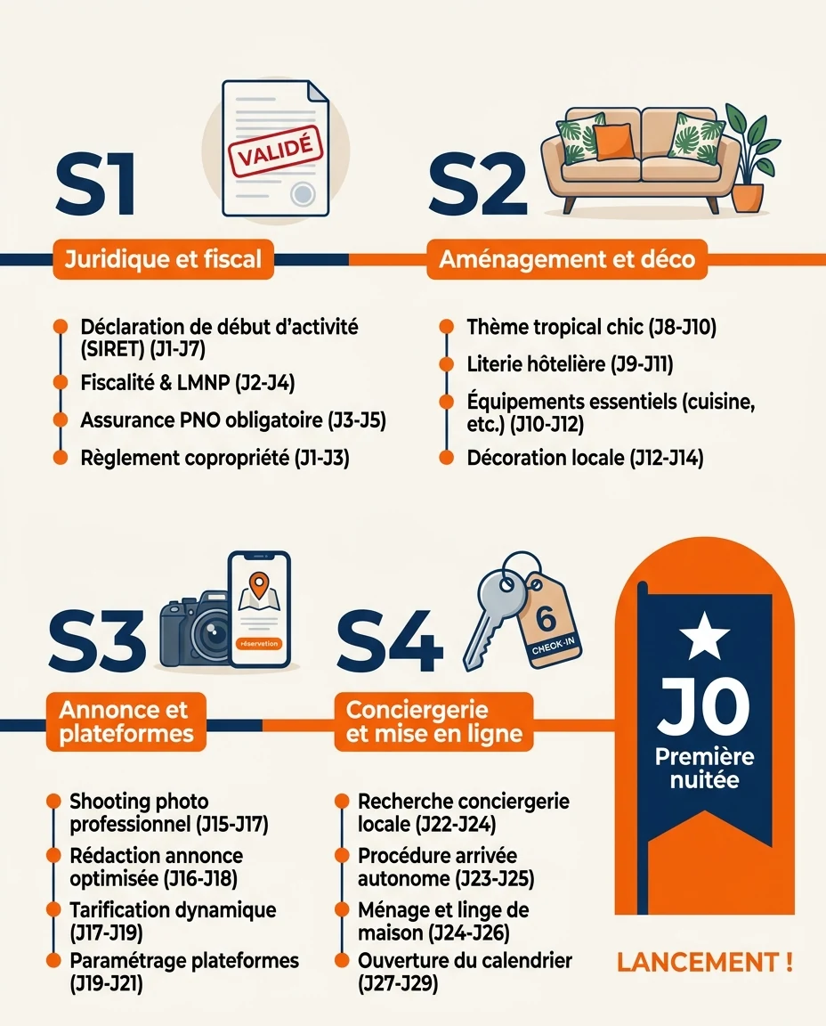 Infographie illustrant : Frise chronologique horizontale de 30 jours répartie en 4 semaines (S1, S2, S3, S4), pour le lancement d'un premier Airb. Article Mouve