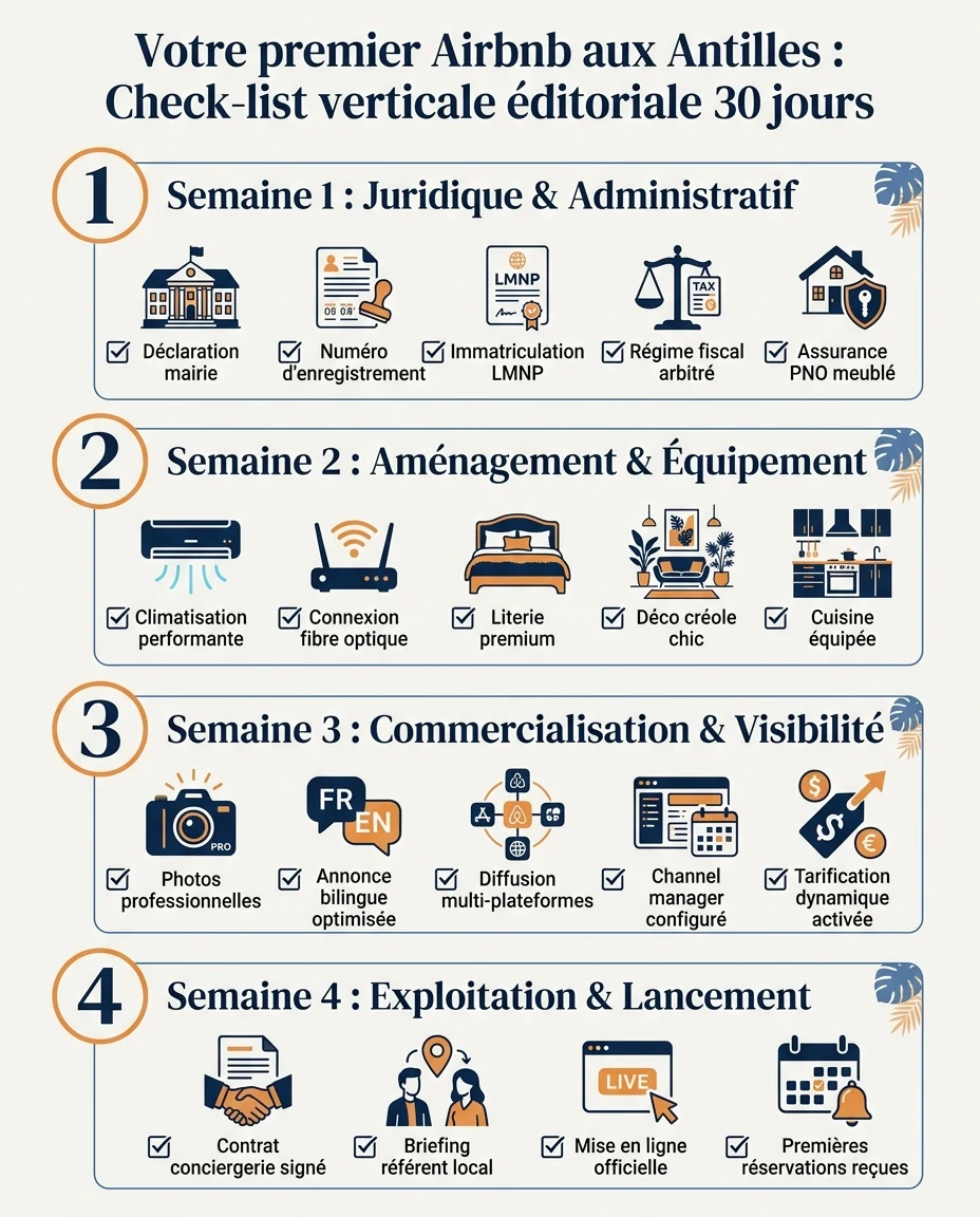 Infographie illustrant : Check-list verticale éditoriale 30 jours pour lancer son Airbnb en Martinique avec quatre blocs hiérarchisés et numéroté. Article Mouve
