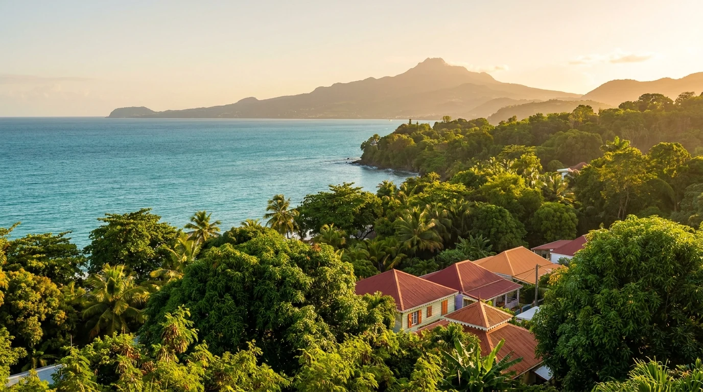 Vue panoramique de la côte martiniquaise au lever du soleil avec relief volcanique en arrière-plan — illustration de l'analyse des prix immobiliers de la Martin
