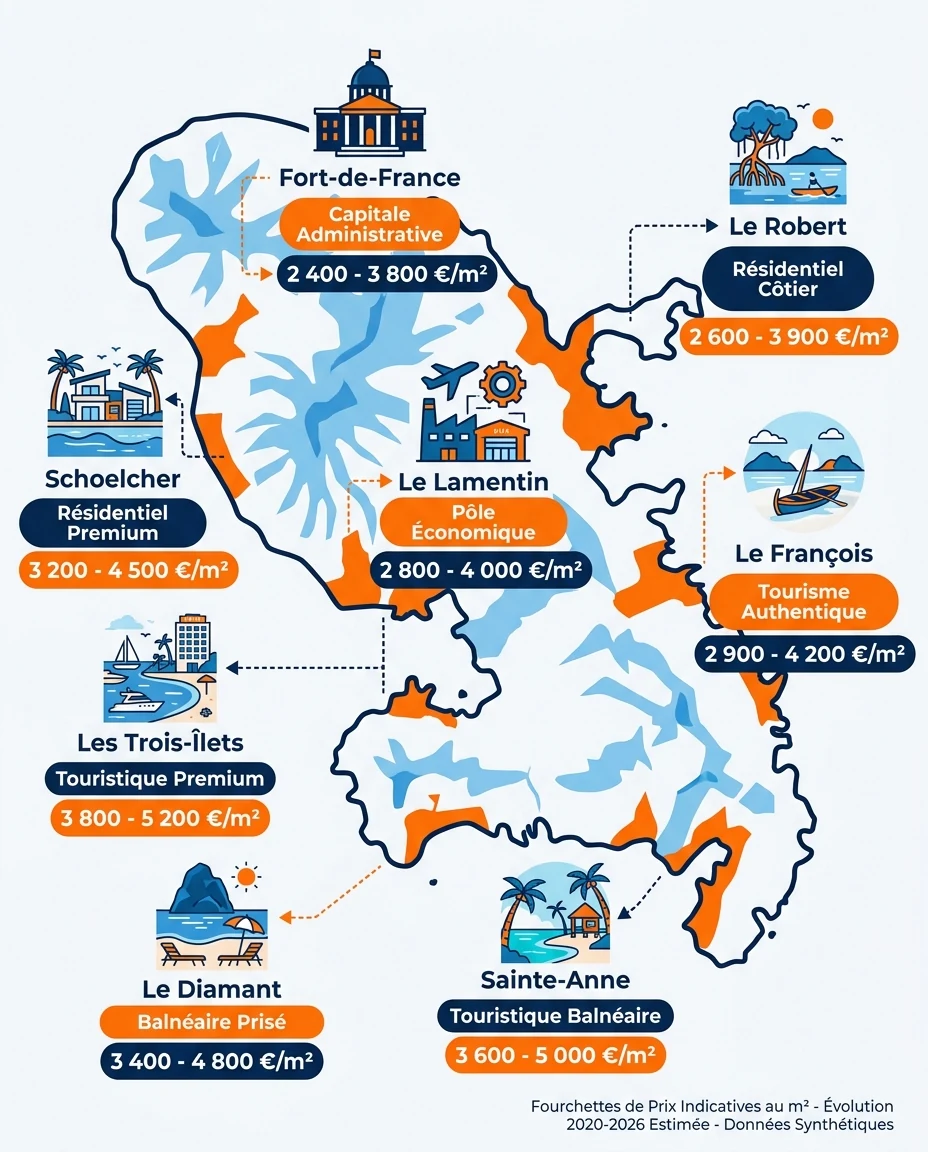 Infographie illustrant : Carte schématique stylisée de la Martinique avec sept à huit communes clés positionnées (Fort-de-France, Schoelcher, Le . Article Mouve
