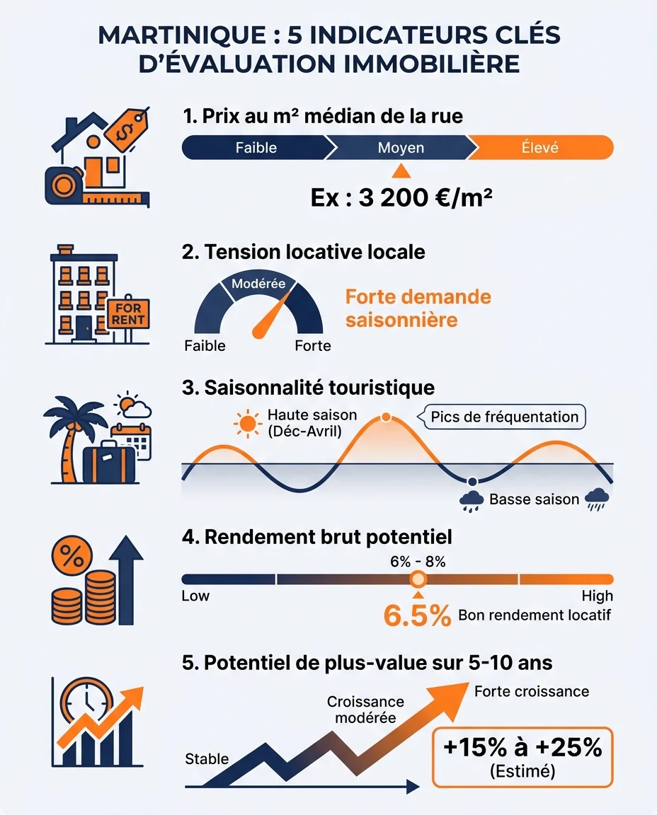 Infographie illustrant : Visuel pédagogique présentant cinq indicateurs clés pour évaluer un prix immobilier en Martinique : prix au m² médian de. Article Mouve