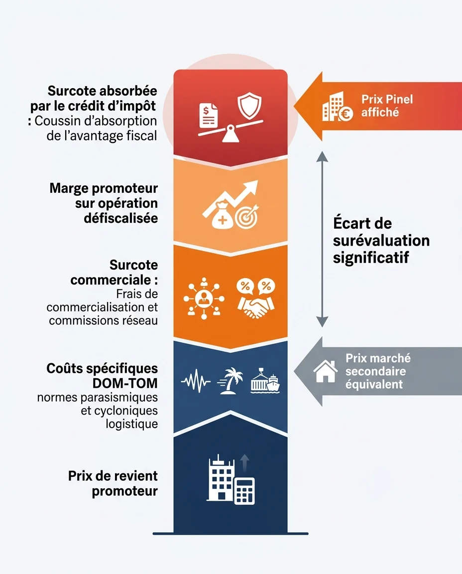 Infographie illustrant : Schéma pédagogique en français illustrant la décomposition d'un prix affiché Pinel DOM-TOM, sans chiffres précis. Une ba. Article Mouve