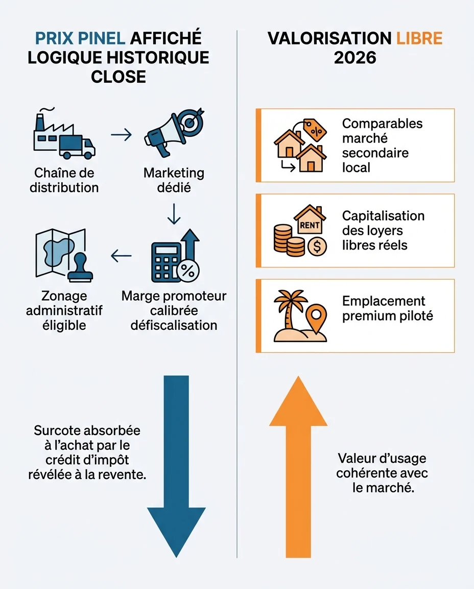Infographie illustrant : Schéma comparatif visuel en deux colonnes en français, sans aucun chiffre précis. Colonne gauche Prix Pinel affiché logi. Article Mouve