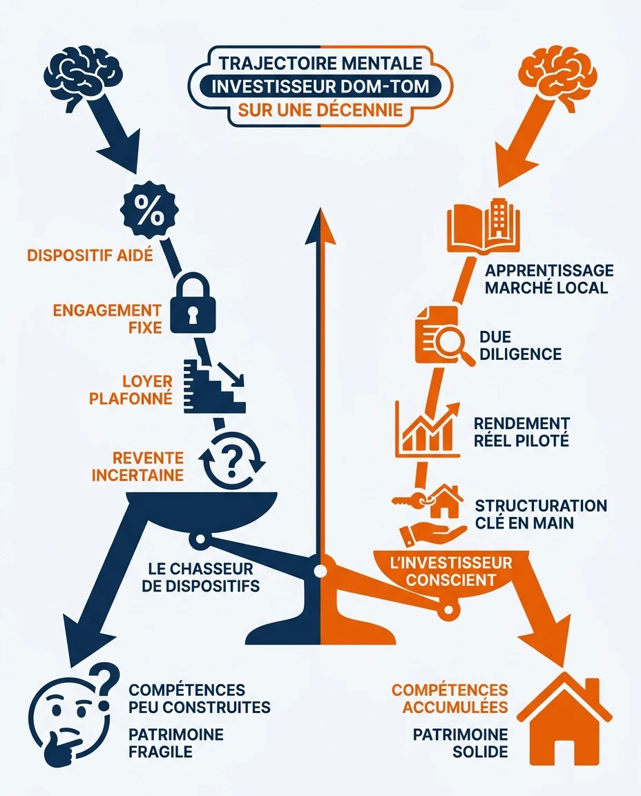 Infographie illustrant : Schéma psychologique pédagogique en français représentant deux trajectoires mentales d'investisseur DOM-TOM sur une déce. Article Mouve