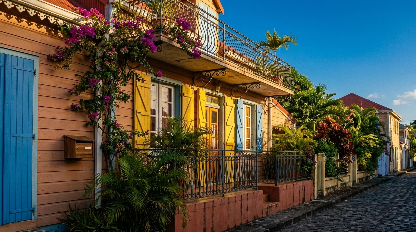 Façade créole d'un meublé de tourisme typique d'une commune touristique antillaise — illustration de la réglementation 2026 de la location courte durée.