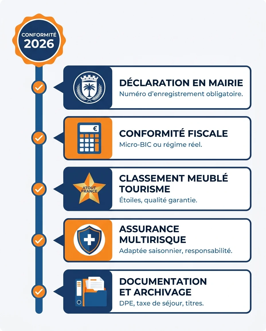 Infographie illustrant : Schéma vertical type cockpit de conformité d'un meublé de tourisme antillais en 2026. Cinq blocs empilés verticalement, . Article Mouve