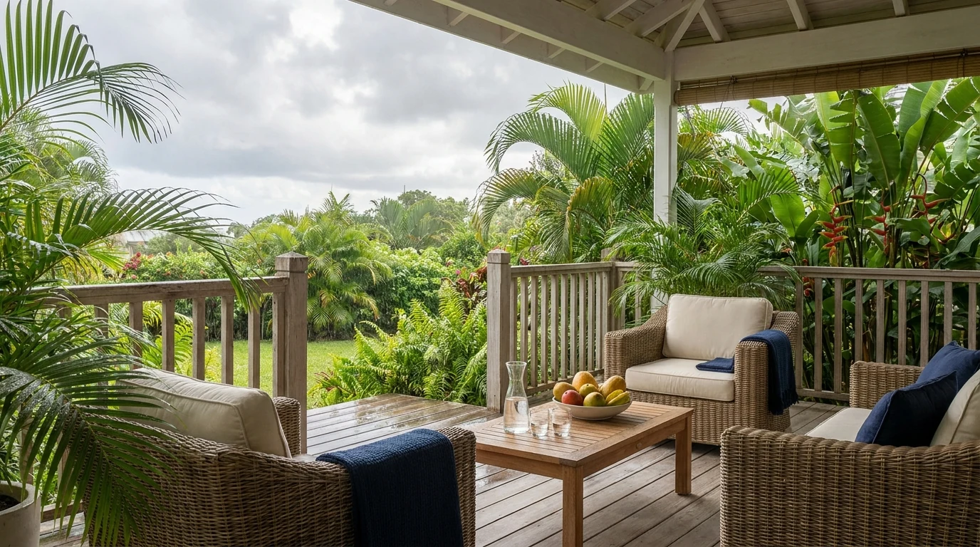 Terrasse couverte d'une villa Airbnb aux Antilles sous un ciel de basse saison — illustration d'un bien climat-résilient attractif toute l'année.