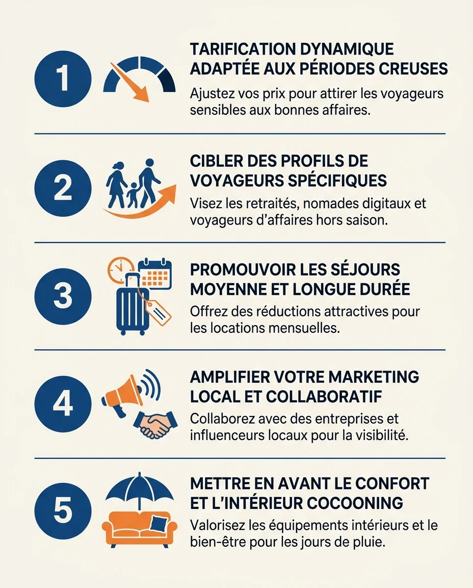 Infographie illustrant : Schéma éditorial vertical présentant les 5 stratégies pour remplir un Airbnb antillais en basse saison. Chaque stratégie. Article Mouve