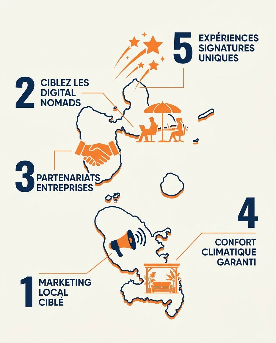 Infographie illustrant : Carte stylisée des Antilles françaises (Martinique et Guadeloupe) avec un système de pictogrammes répartis sur la carte . Article Mouve