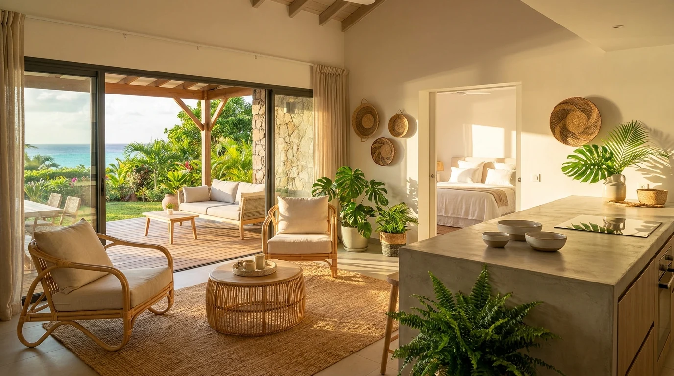 Intérieur premium d'un T3 saisonnier en Martinique ouvert sur la mer — illustration du sweet spot typologique Airbnb antillais.