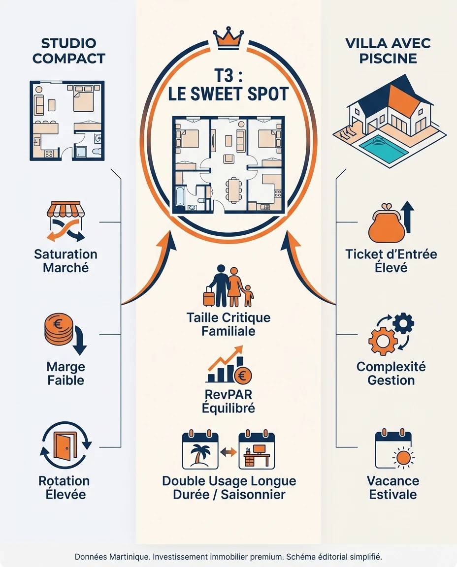 Infographie illustrant : Schéma éditorial vertical présentant le T3 martiniquais comme sweet spot entre trois typologies. À gauche, un studio com. Article Mouve