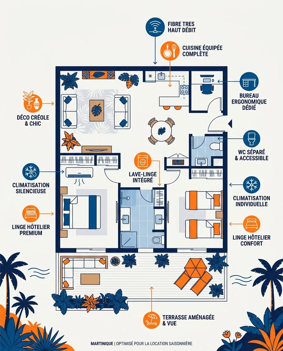 Infographie illustrant : Plan stylisé d'un T3 martiniquais idéal en vue de dessus, avec annotations éditoriales sur chaque équipement clé. Le pla. Article Mouve