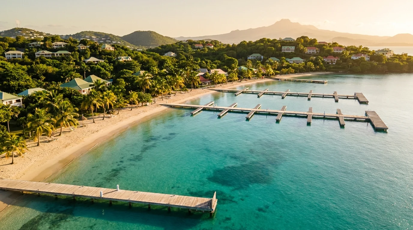 Vue aérienne de la baie des Trois-Îlets en Martinique au lever du soleil — illustration du marché de la location saisonnière premium martiniquais.