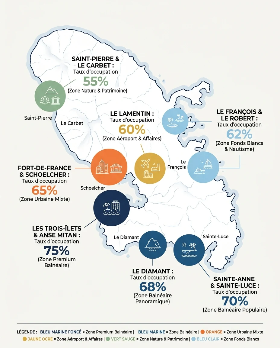 Infographie illustrant : Carte stylisée de la Martinique avec les principales zones touristiques mises en valeur par des pastilles colorées : Les. Article Mouve