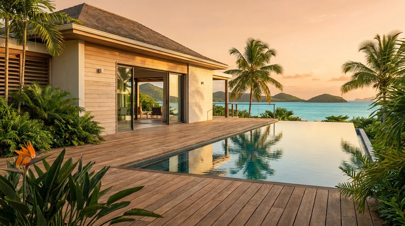 Villa contemporaine martiniquaise avec piscine à débordement face au lagon — illustration de l'investissement villa avec piscine en Martinique en 2026.