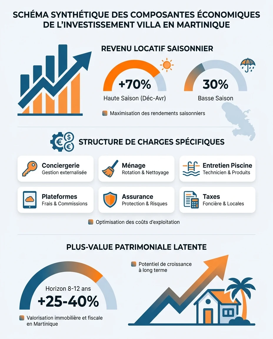 Infographie illustrant : Schéma synthétique présentant les trois composantes économiques d'une villa avec piscine en Martinique : 1) Revenu locat. Article Mouve