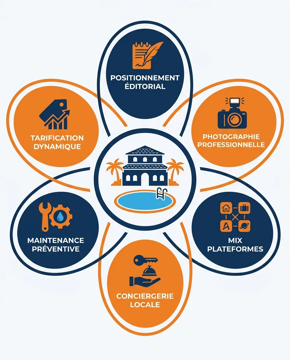 Infographie illustrant : Schéma circulaire représentant les 6 leviers de gestion locative optimale d'une villa avec piscine en Martinique : posit. Article Mouve