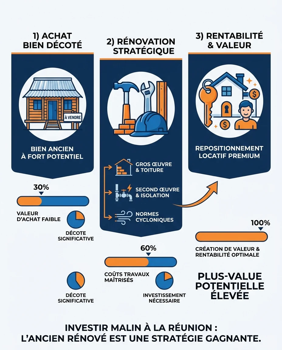 Infographie illustrant : Schéma pédagogique en trois temps illustrant le cycle d'un investissement dans l'ancien à rénover à La Réunion : 1) Acha. Article Mouve