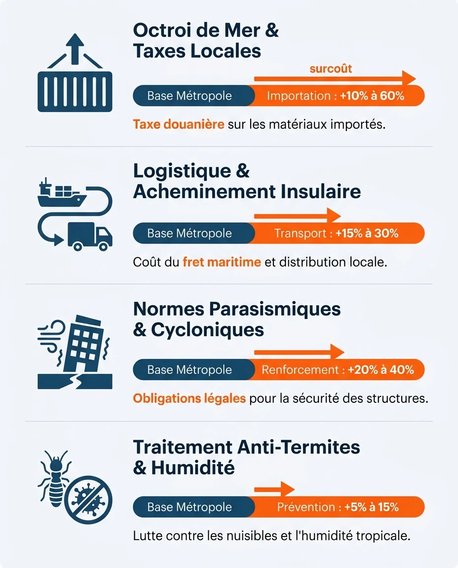 Infographie illustrant : Visuel pédagogique présentant les quatre postes de coût spécifiques d'une rénovation à La Réunion par rapport à la métro. Article Mouve