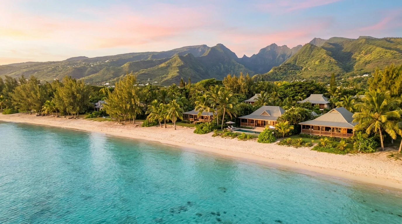 Vue aérienne de la côte ouest de La Réunion au lever du soleil avec lagon turquoise et villas créoles — illustration des zones les plus rentables pour un Airbnb