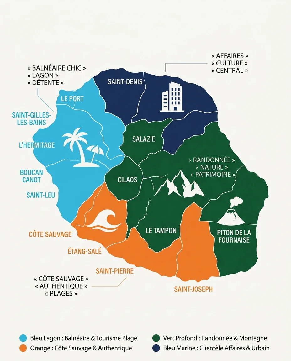 Infographie illustrant : Carte stylisée de l'île de La Réunion vue de dessus, découpée en quatre zones de couleur illustrant quatre logiques de r. Article Mouve