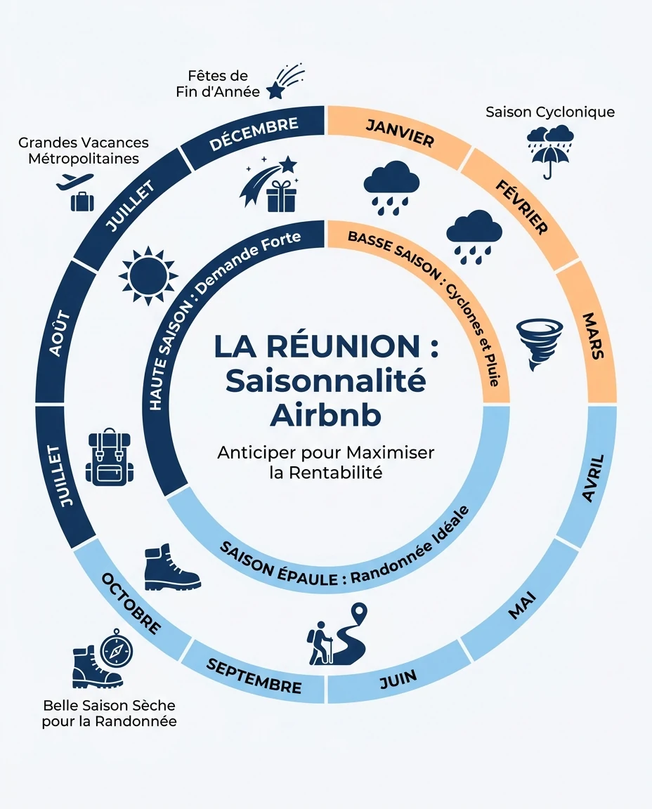 Infographie illustrant : Frise calendaire circulaire des 12 mois de l'année à La Réunion, découpée en trois arcs de couleur illustrant la saisonn. Article Mouve