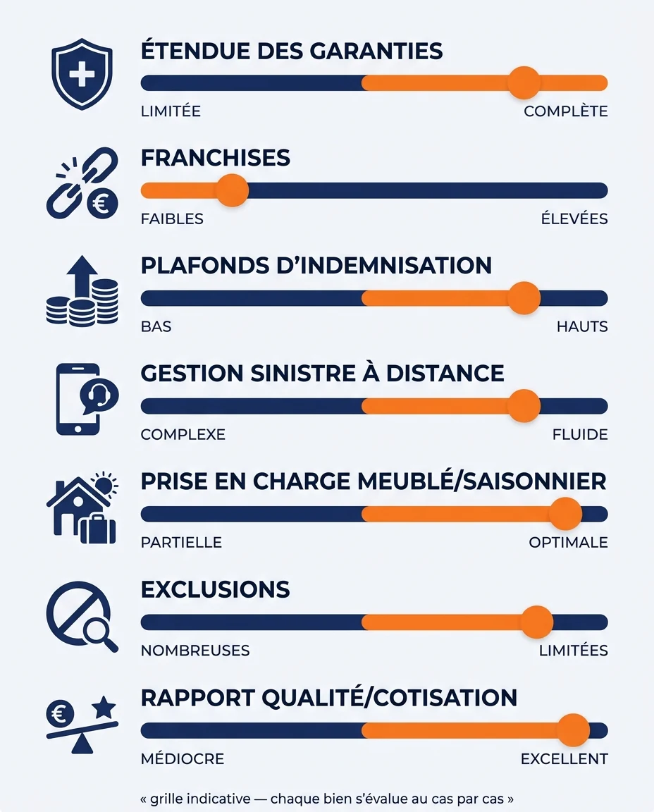 Infographie illustrant : Grille de comparaison visuelle « Choisir sa PNO à La Réunion en 7 critères ». Visuel en tableau de bord avec sept jauges. Article Mouve