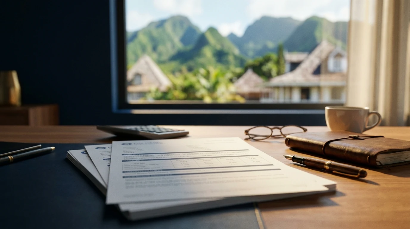Bureau de conseiller comparant plusieurs offres de prêt immobilier DOM-TOM, avec un paysage volcanique réunionnais en arrière-plan flou.