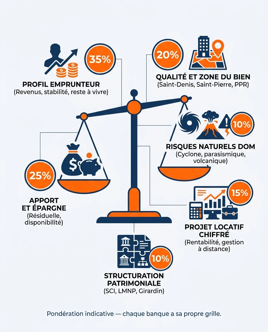 Infographie illustrant : Grille de lecture « comment une banque DOM-TOM évalue un dossier d'investisseur ». Visuel pédagogique en balance ou en r. Article Mouve
