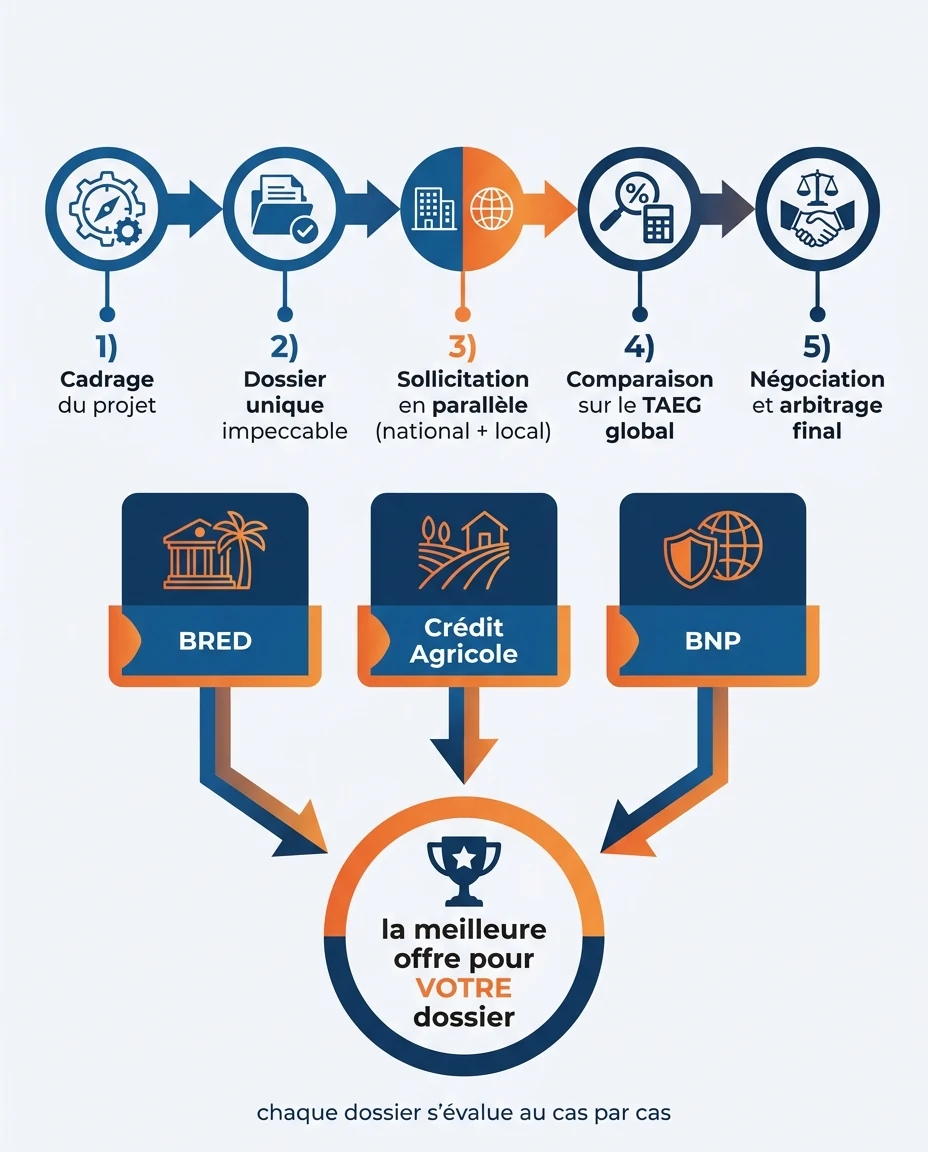 Infographie illustrant : Schéma « la mise en concurrence bancaire d'un dossier DOM-TOM » en 5 étapes horizontales, de gauche à droite : 1) cadrag. Article Mouve