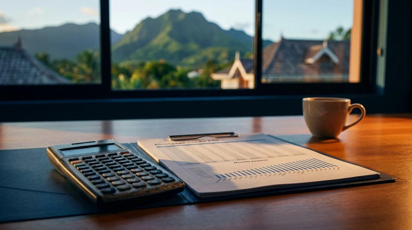 Plan de travail avec calculatrice financière et dossier de crédit immobilier, arrière-plan réunionnais — calcul de la capacité d'emprunt en DOM-TOM.