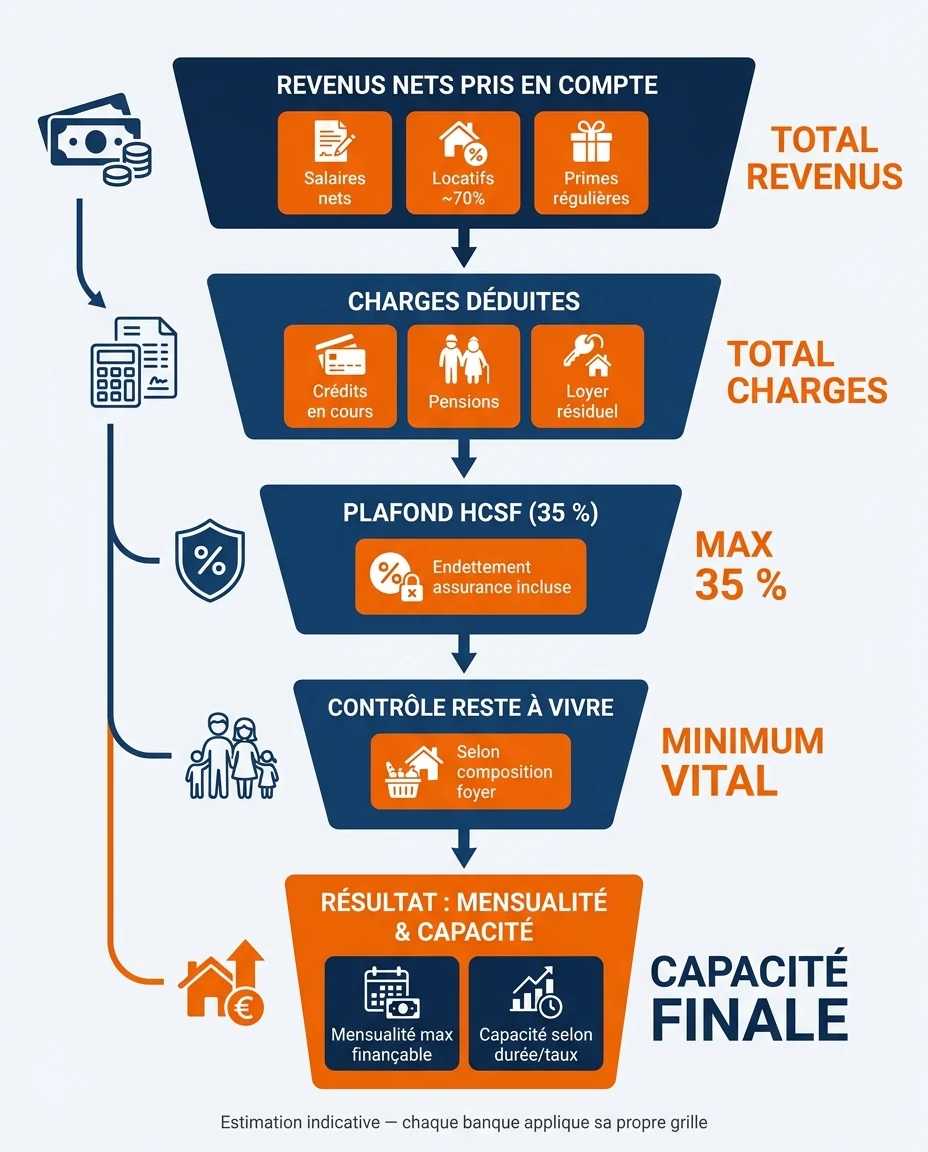 Infographie illustrant : Schéma pédagogique du calcul de la capacité d'emprunt en DOM-TOM. Visuel vertical en entonnoir ou en étapes descendantes. Article Mouve