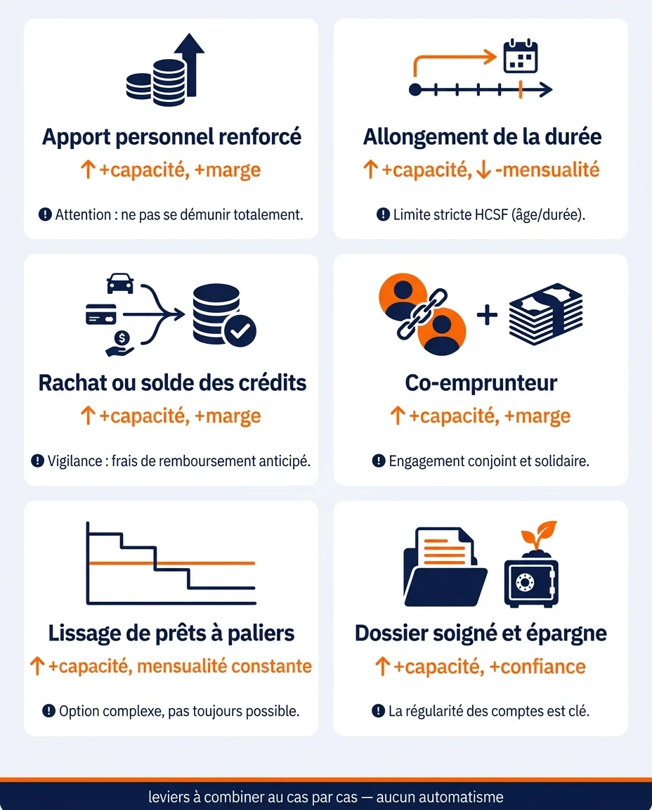 Infographie illustrant : Panorama visuel des leviers d'optimisation de la capacité d'emprunt en DOM-TOM. Visuel en grille de 6 cartes égales, cha. Article Mouve